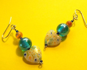Turquoise orange...floral glass hearts, drop earrings