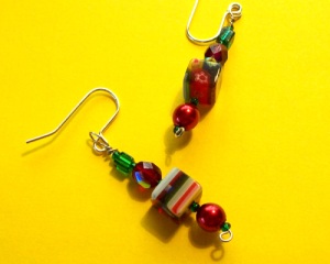 Multi coloured, primarily berry red, featuring striped glass cubes, earrings
